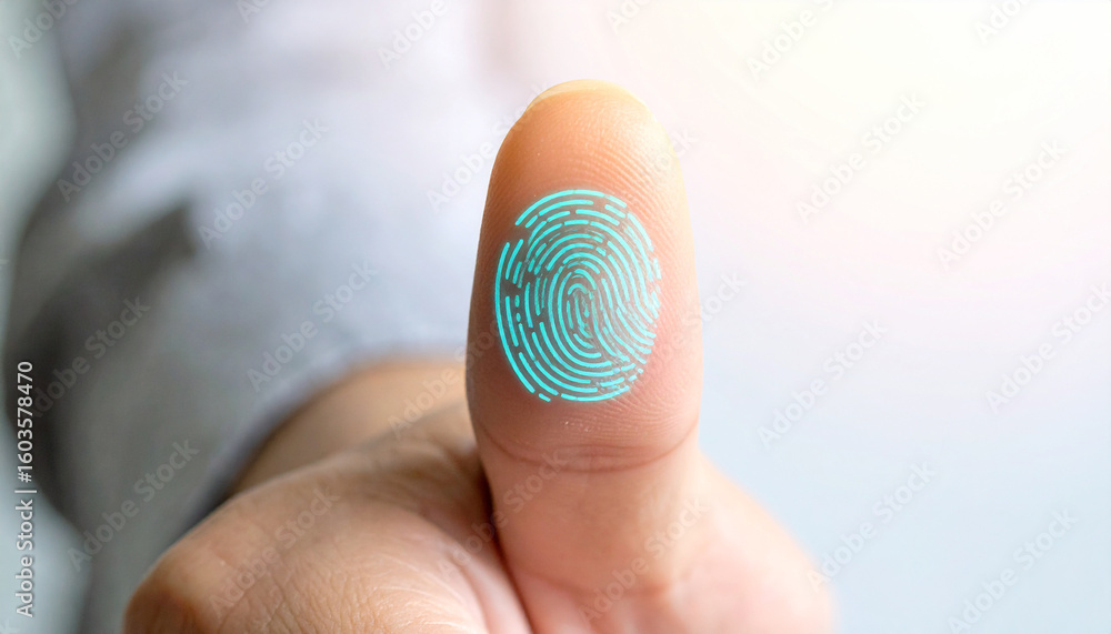 Poster biometric fingerprint scanning: close-up of a finger displaying an intricate fingerprint, symbolizin