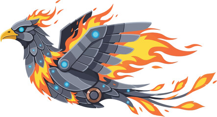 Obraz premium Illustration of a mechanical phoenix with flames and gray metal feathers on a white background