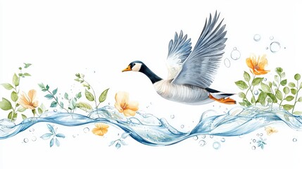 Fototapeta premium Whimsical vintage illustration of a goose taking off from the water, side profile, delicate ripples below, textile design composition, isolated on white with space for creative layout.