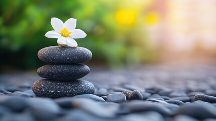 A white and black stone stack with a white flower on top, placed on a pebble surface with a blurred green background.