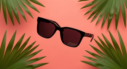 Black sunglasses are framed by lush green tropical palm leaves against a vibrant coral pink background