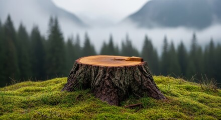 A weathered tree stump sits on a mossy hill with a misty forest and mountains in the background