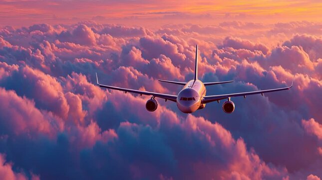 Airplane flying through a vibrant sky filled with pink and blue clouds at sunset or sunrise above