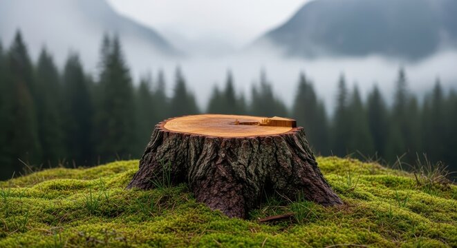 A weathered tree stump sits on a mossy hill with a misty forest and mountains in the background
