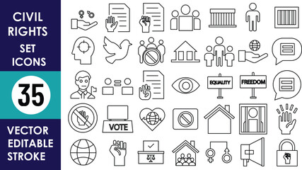 35 civil rights icons in editable vector style, including justice, equality, freedom, protest, voting, speech, identity, community, law, privacy, housing, and accessibility symbols