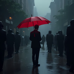 HIV Awareness, A single red umbrella standing in the rain among black ones