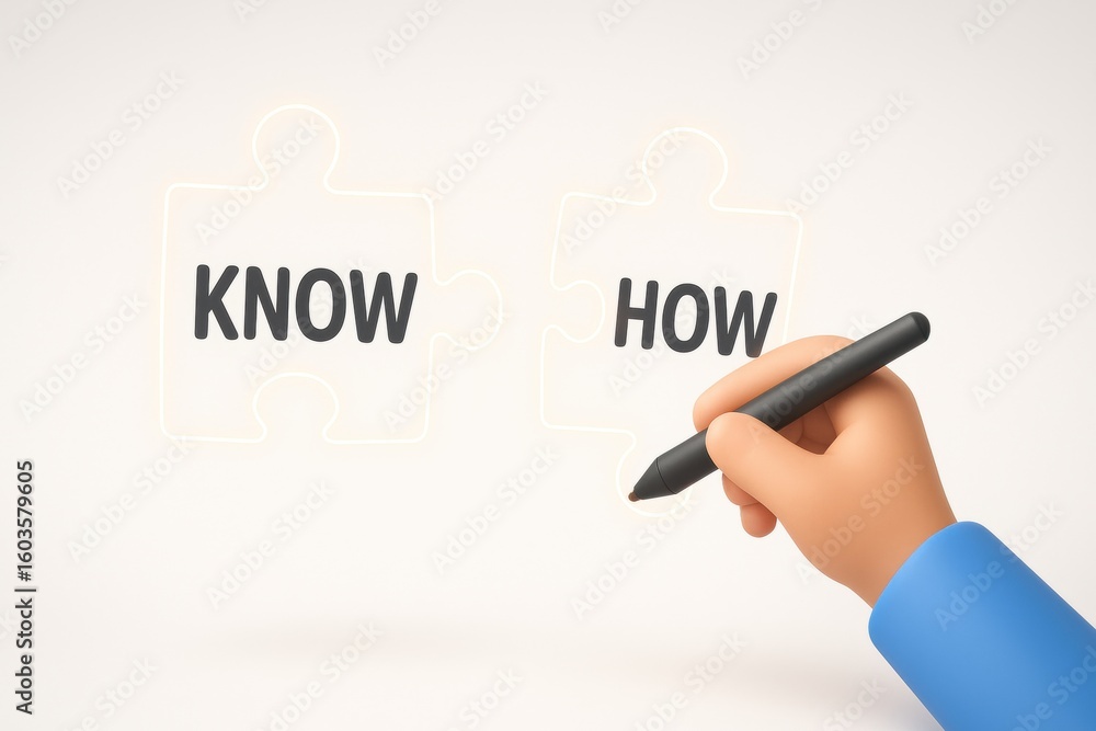 Poster know-how connection: a conceptual image of a hand connecting the 'know' and 'how' pieces of a puzzle