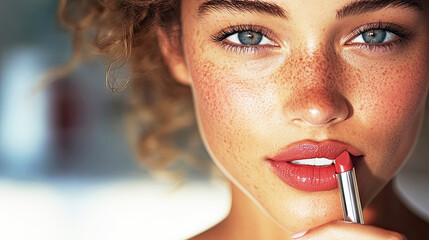 Capturing a moment of self-care and cosmetic confidence, this image showcases a woman applying lipstick, highlighting the timeless elegance of beauty rituals.