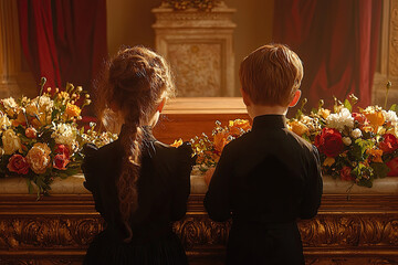 Mourning and Remembrance: In a poignant setting, a young girl and a boy stand respectfully before a casket, surrounded by floral tributes, their backs turned to the viewer.