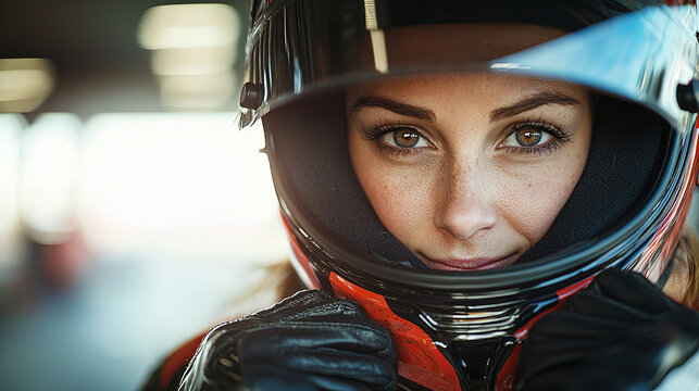 Close up of female race car driver wearing helmet and gloves, looking confident and focused, preparing for race or driving session, with blurred background of racing track or garage