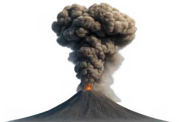 Volcanic eruption releasing massive ash cloud, displaying intense geological power against isolated background