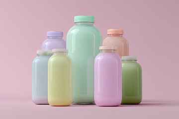 Colorful plastic bottles with pastel tones arranged pink background eco friendly packaging