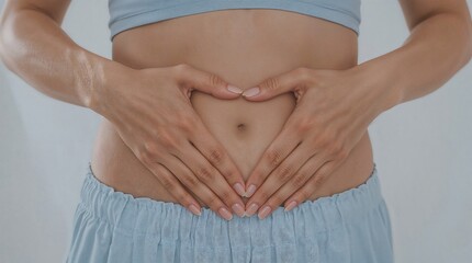 Naklejka premium Woman showing belly with hands in heart shape representing health and wellness