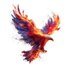 Fiery bird in flight, abstract design.  Colorful, dynamic,  and powerful imagery of a bird with flames for wings