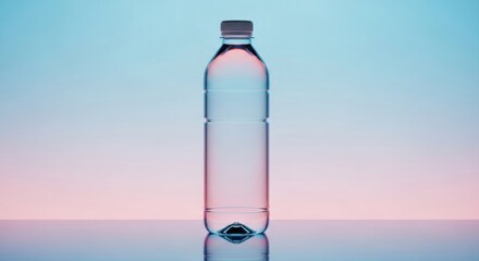 A clear plastic bottle filled with water sits on a reflective surface against a soft blue and pink gradient background