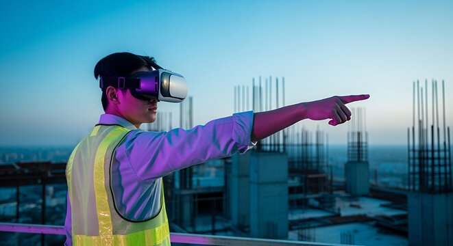 Virtual Reality in Construction: Architect Using VR Headset to Oversee a Cityscape Project