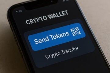 Crypto wallet on phone sending tokens for transfer and blockchain technology access and management app