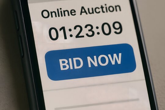 Online auction bidding platform on mobile phone with bid now button and countdown timer display
