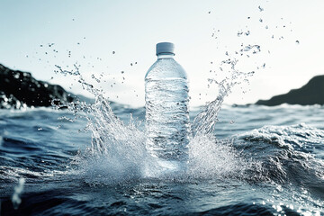 Clean Water Amidst Waves: A clear plastic water bottle is captured mid-splash, suspended against a marine backdrop, symbolizing purity and hydration.