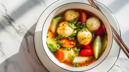 Close-up top view of fish ball soup with mixed vegetables in white bowl.


