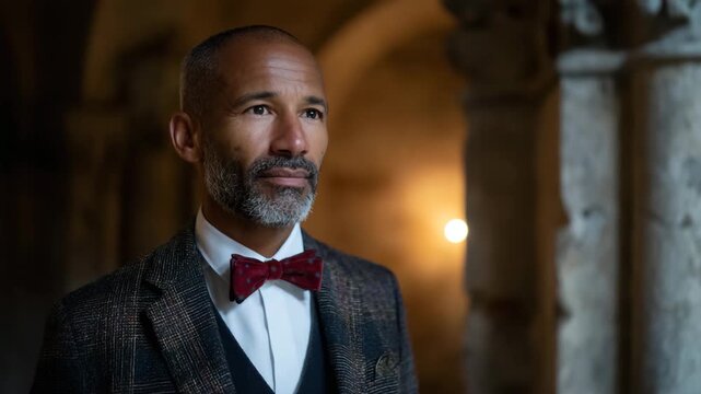 A distinguished gentleman dressed in a finely tailored suit stands confidently in an ornate environment, reflecting timeless sophistication and a modern sense of style.