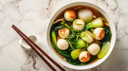 Close-up top view of fish ball soup with mixed vegetables in white bowl.
