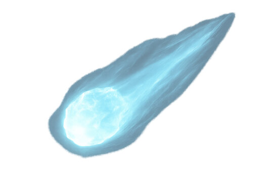 Glowing blue comet speeding through the vast expanse of space, leaving a trail of light, on transparent background