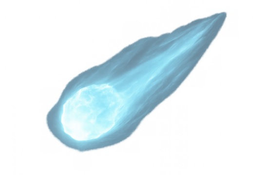 Glowing blue comet speeding through the vast expanse of space, leaving a trail of light, on transparent background