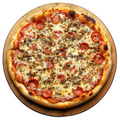 Delicious pepperoni and mushroom pizza with golden crust isolated on transparent background
