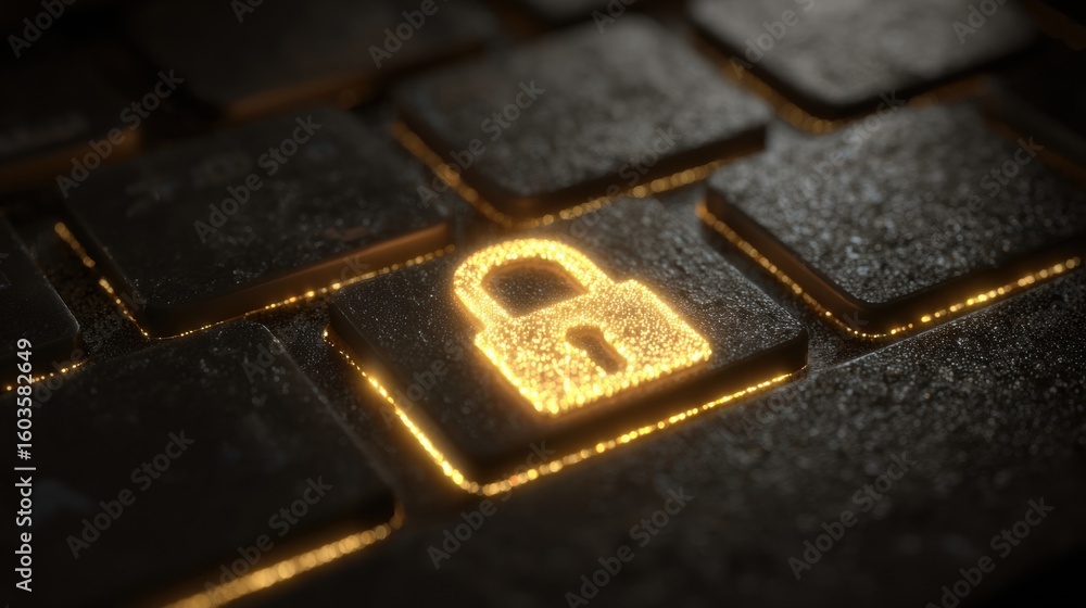 Poster a glowing padlock icon on a keyboard key symbolizes cybersecurity and data protection in a dark, tec