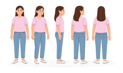 Fototapeta premium Cartoon Casual Female Character Turnaround Sheet – Front, Side, and Back Views in Casual Outfit (Pink T-Shirt and Blue Jeans)