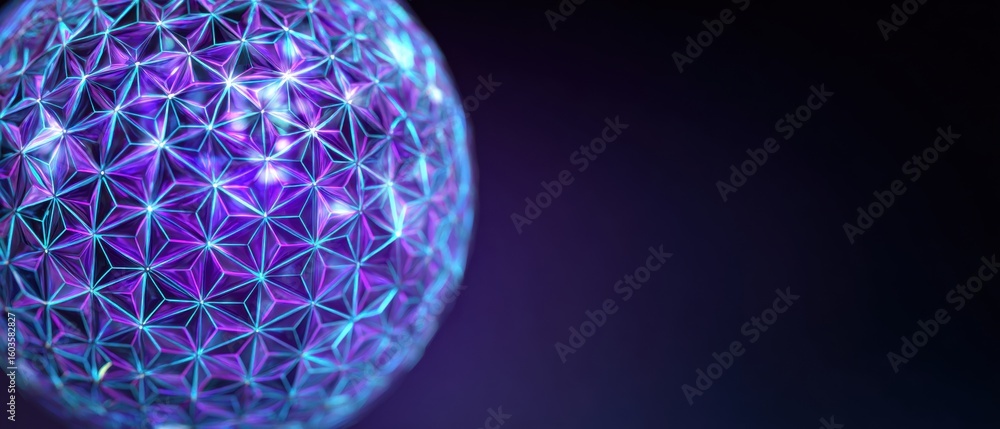 Poster a glowing, geometric spherical object with a complex pattern of interconnected triangles and hexagon