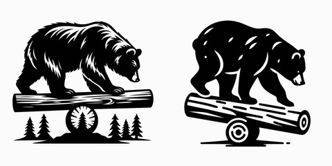 Bear balancing on log. Retro Cartoon Clipart Silhouette Stock Vector Line Art Illustration. Bruin timber a wild creature showing equilibrium trunk wood object.