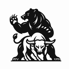 Obraz premium Bear clawing bull defensive. Retro Cartoon Clipart Silhouette Stock Vector Line Art Illustration. Market decline opposing gain guard action.