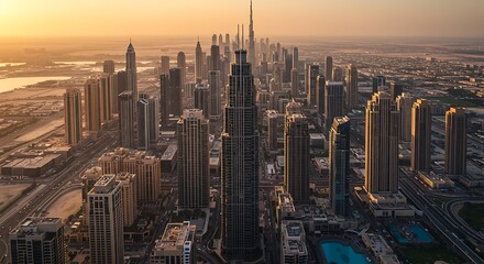 Obraz premium An urban perspective on Aerial view to houses and villas with Golf course with green lawn and lakes timelapse. Traffic on streets. Warm evening light