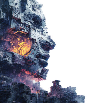 Profile of a futuristic, complex face;  mechanical, rocky features
