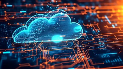 Futuristic cloud computing illustration with glowing circuits and digital data streams in the background - Powered by Adobe