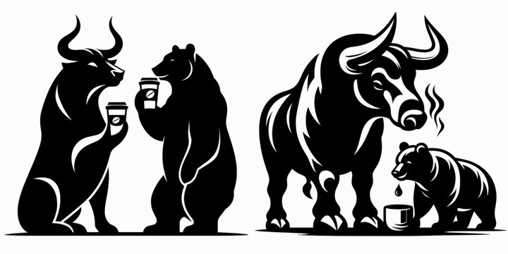 Bull and bear drinking coffee. Retro Cartoon Clipart Silhouette Stock Vector Line Art Illustration. Market animal enjoy java finance concept theme on refreshment break.