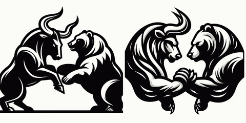 Obraz premium Bull and bear locking horns. Retro Cartoon Clipart Silhouette Stock Vector Line Art Illustration. Market animal conflict financial trading challenge asset battle.