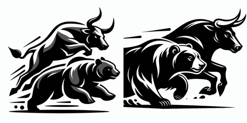 Bull and bear sprinting together. Retro Cartoon Clipart Silhouette Stock Vector Line Art Illustration. Market animal surge finance growth investment peak moving as one.