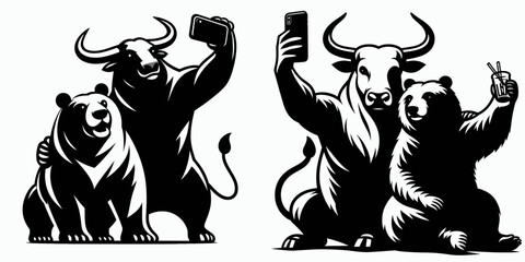 Bull and bear taking selfie. Retro Cartoon Clipart Silhouette Stock Vector Line Art Illustration. Ox bruin snapshot market icon picture together.