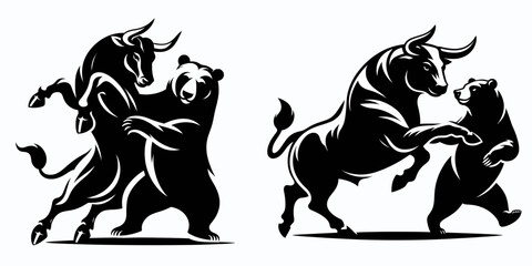 Obraz premium Bull and bear waltzing gracefully. Retro Cartoon Clipart Silhouette Stock Vector Line Art Illustration. market duo a rising animal down animal moving with elegance.