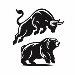 Obraz premium Bull flipping bear over. Retro Cartoon Clipart Silhouette Stock Vector Line Art Illustration. Market upturn equity soaring beast dominance over downturn.