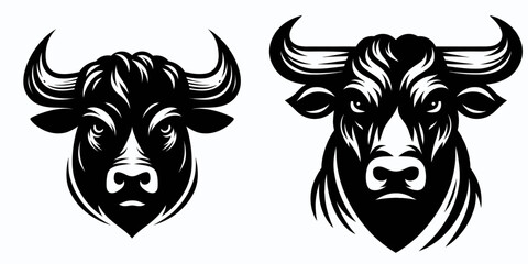 Obraz premium Bull glaring eyes intense. Retro Cartoon Clipart Silhouette Stock Vector Line Art Illustration. Strong bovine piercing gaze a potent and wild animal with vivid keen vision.