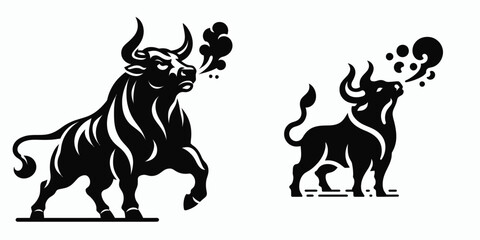 Bull snorting steam upward. Retro Cartoon Clipart Silhouette Stock Vector Line Art Illustration. Bovine exhaling vapor high a heated mammal trait.