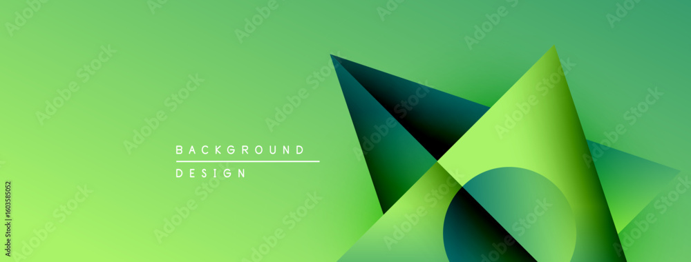 Poster abstract geometric shapes overlap, creating dynamic green gradient background. minimalist design fea