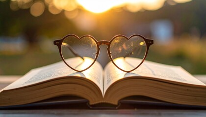 Heart-shaped glasses rest on an open book with a warm, sunlit background.