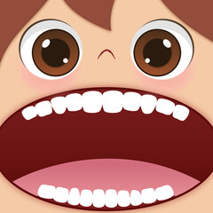Dental Checkup Cartoon. Open Mouth Child Showing Teeth. Cute cartoon illustration of a child with big brown eyes and wide open mouth showing upper and lower teeth.