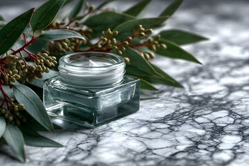 Cream jar surrounded by eucalyptus leaves and berries on marble