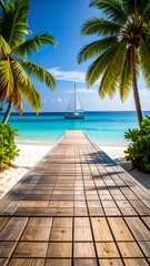 Tropical beach boardwalk with sailboat